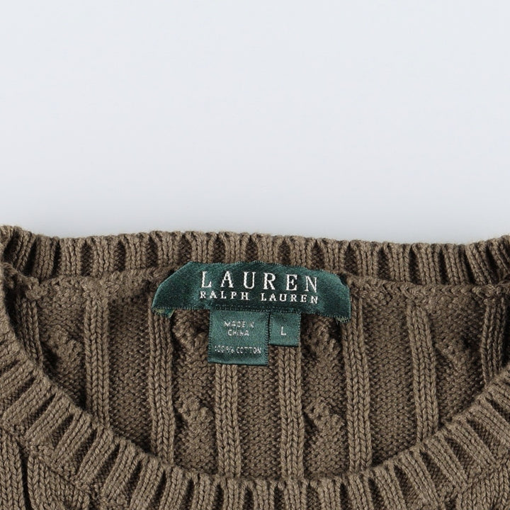 Ralph Lauren LAUREN cable knit cotton sweater, women's size L cotton Khaki type brown Vintage Second Hand