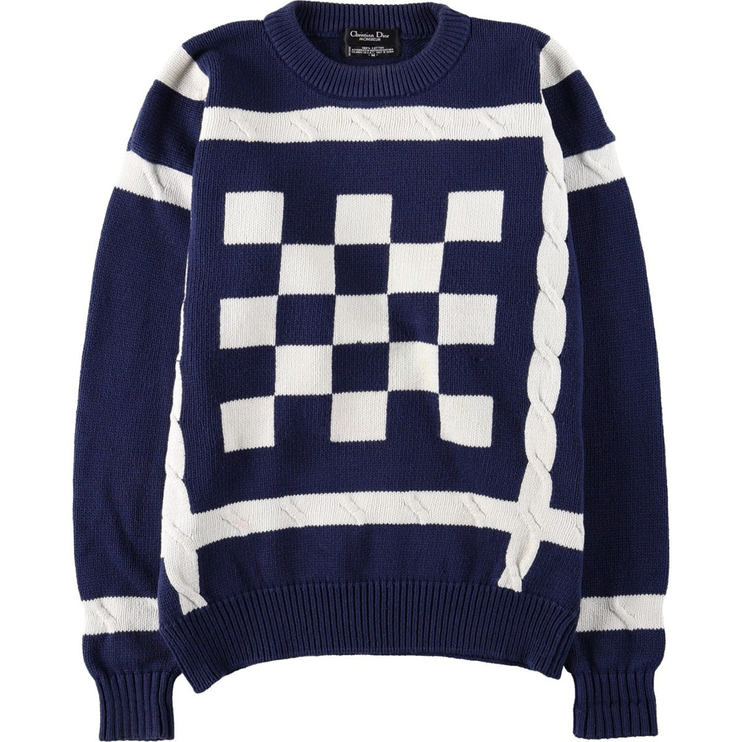 Christian Dior MONSIEUR Check Pattern Cotton Knit Sweater, Men's Size M (approx.) cotton navy blue type Vintage Second Hand