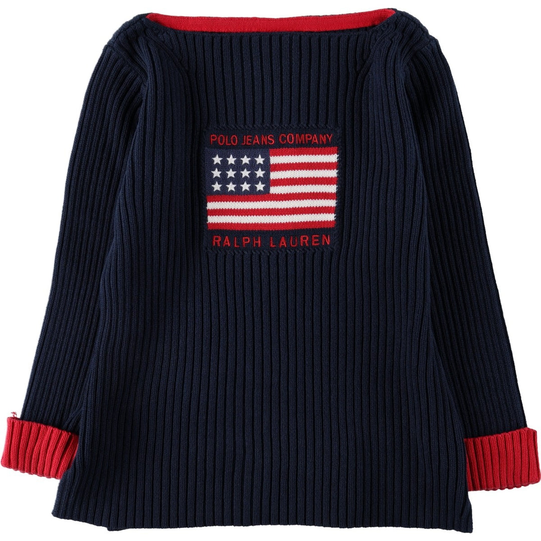 2000'S Ralph Lauren POLO JEANS COMPANY American flag print boat neck ribbed cotton knit sweater, women's size L (approx.) cotton navy blue type Vintage Second Hand