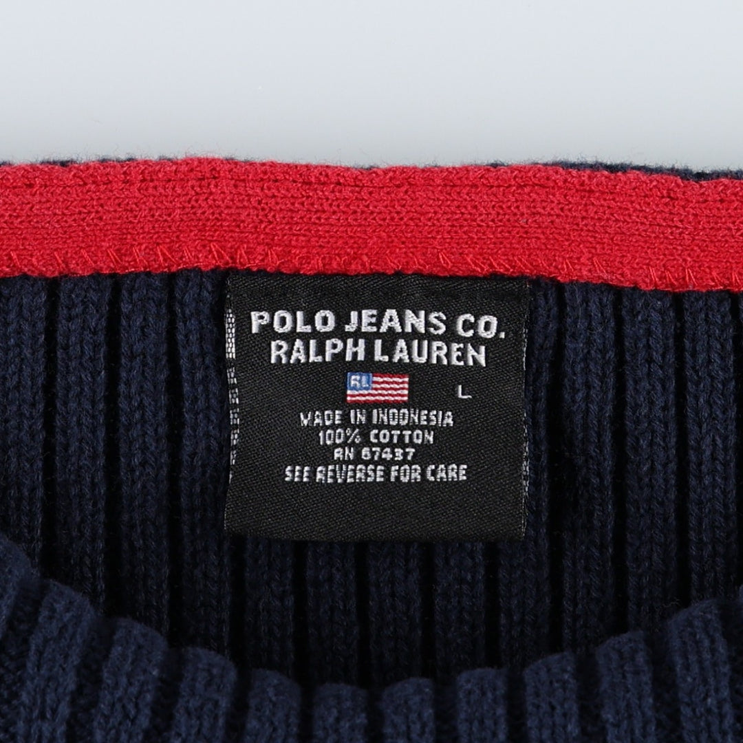 2000'S Ralph Lauren POLO JEANS COMPANY American flag print boat neck ribbed cotton knit sweater, women's size L (approx.) cotton navy blue type Vintage Second Hand
