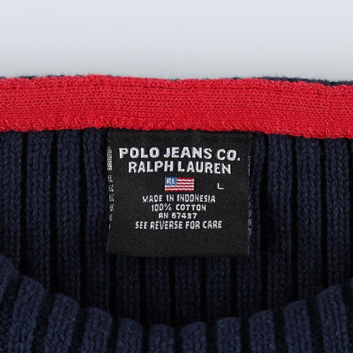 2000'S Ralph Lauren POLO JEANS COMPANY American flag print boat neck ribbed cotton knit sweater, women's size L (approx.) cotton navy blue type Vintage Second Hand
