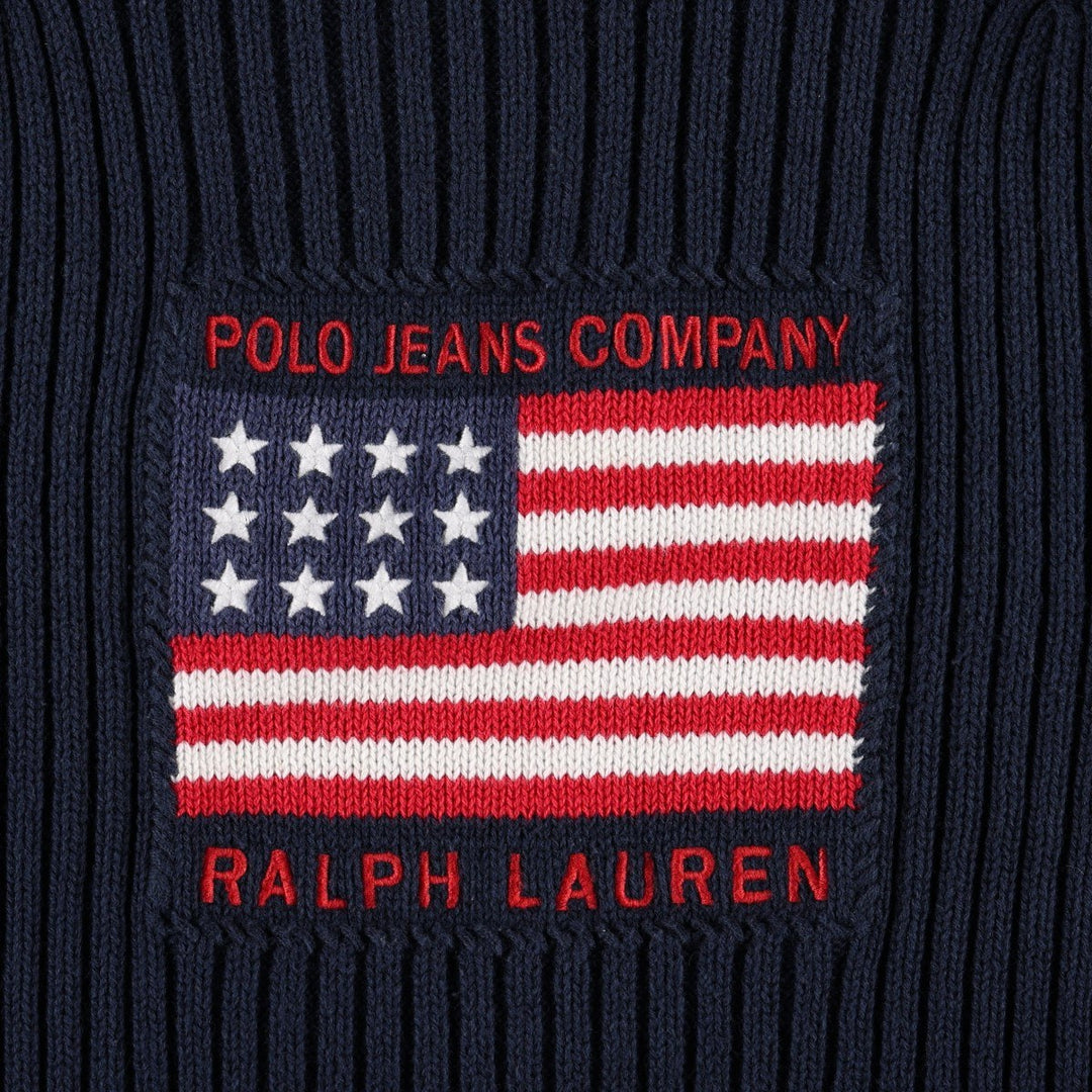 2000'S Ralph Lauren POLO JEANS COMPANY American flag print boat neck ribbed cotton knit sweater, women's size L (approx.) cotton navy blue type Vintage Second Hand