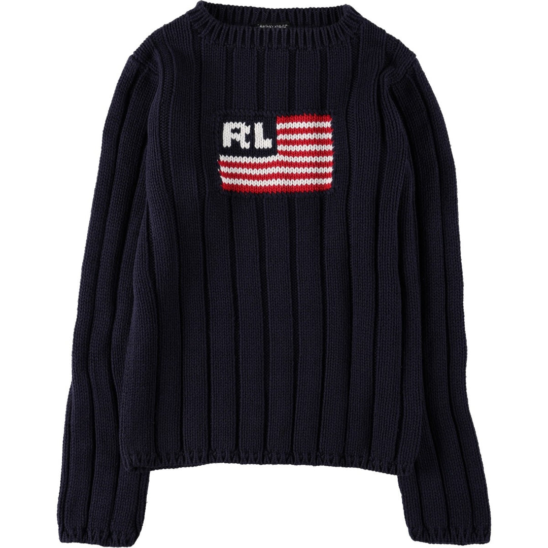 2000'S Ralph Lauren POLO JEANS COMPANY American flag pattern ribbed cotton knit sweater, women's size M (approx.) cotton navy blue type Vintage Second Hand