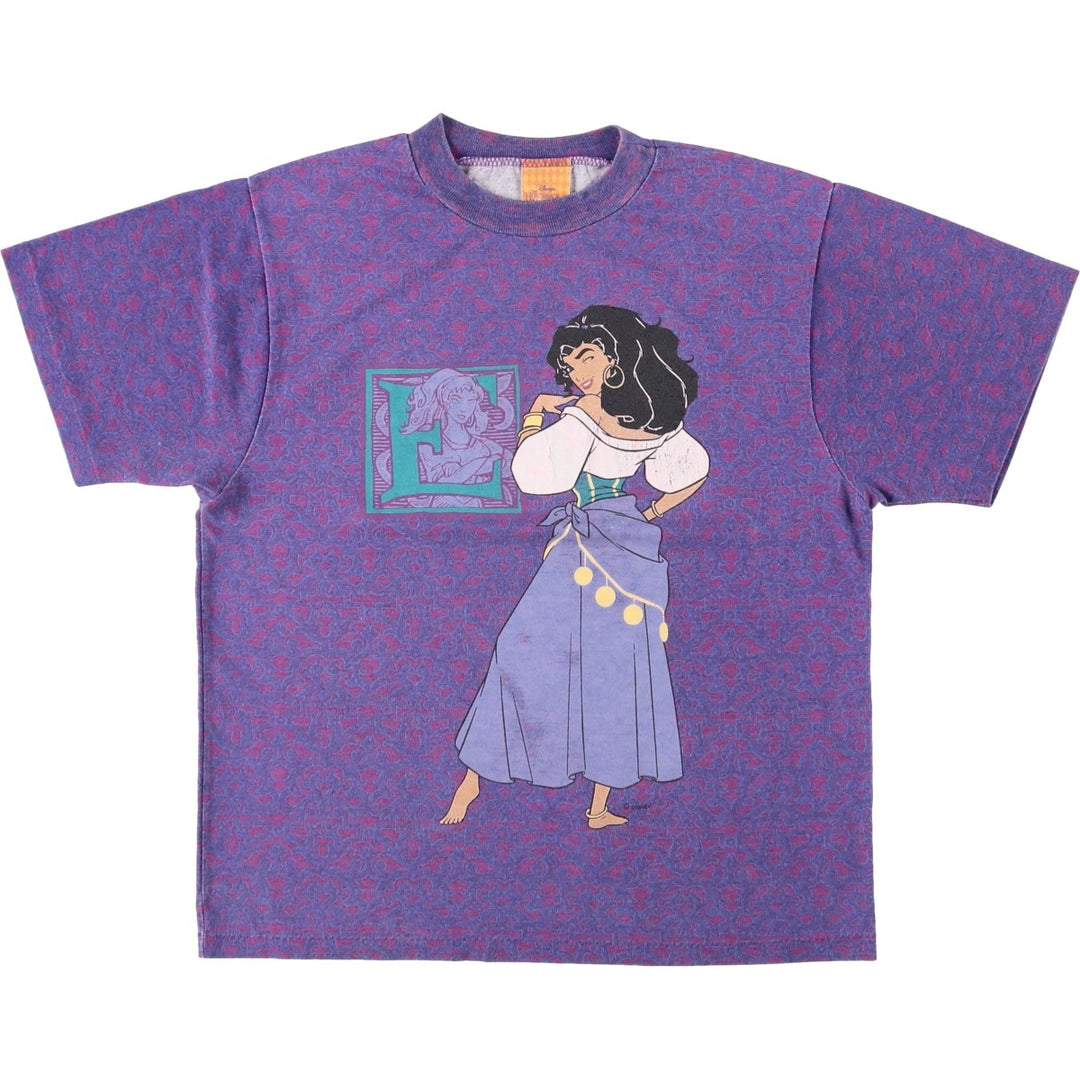 90'S Disney Hunchback of Notre Dame Esmeralda all-over character print T-shirt, Made in USA, Women's size S (approx.) polyester purple type Vintage Second Hand