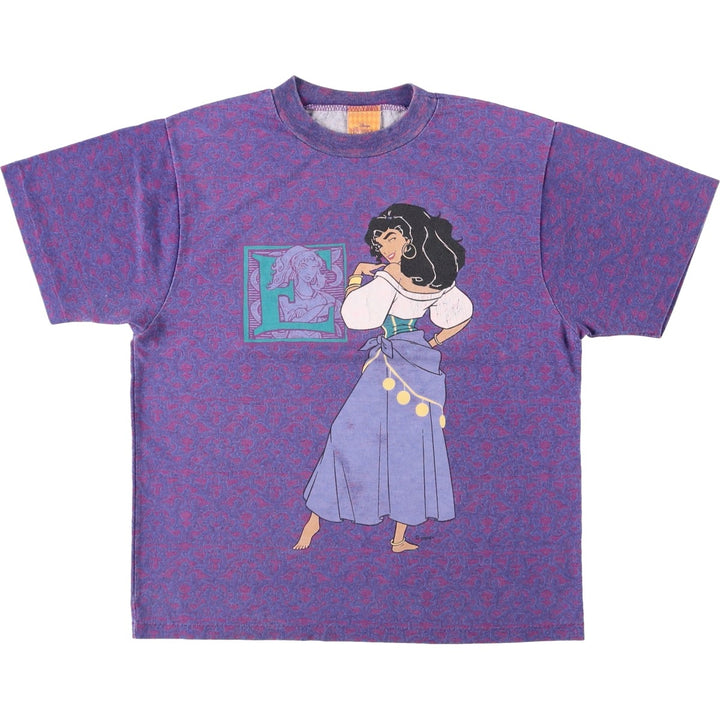 90'S Disney Hunchback of Notre Dame Esmeralda all-over character print T-shirt, Made in USA, Women's size S (approx.) polyester purple type Vintage Second Hand
