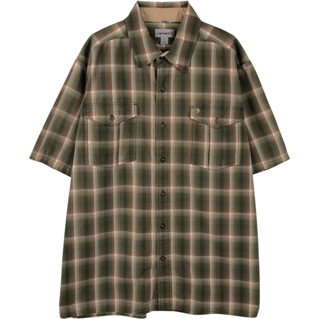 Carhartt Relaxed Fit Check Pattern Short-Sleeve Work Shirt, Boxy Shirt, Men's Size XL (approx.) cotton Khaki type Vintage Second Hand