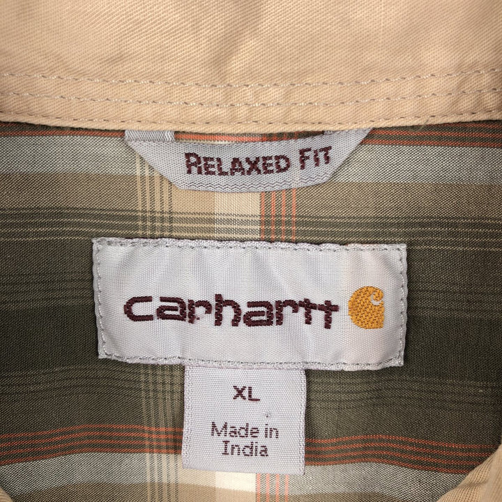 Carhartt Relaxed Fit Check Pattern Short-Sleeve Work Shirt, Boxy Shirt, Men's Size XL (approx.) cotton Khaki type Vintage Second Hand