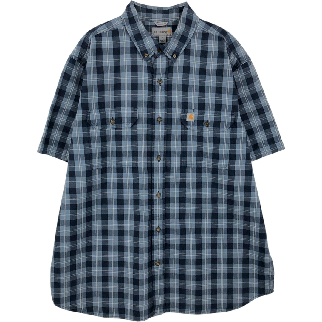 Carhartt RELAXED FIT Check Pattern Button-down Short Sleeve Work Shirt, Men's XL cotton navy blue type Vintage Second Hand