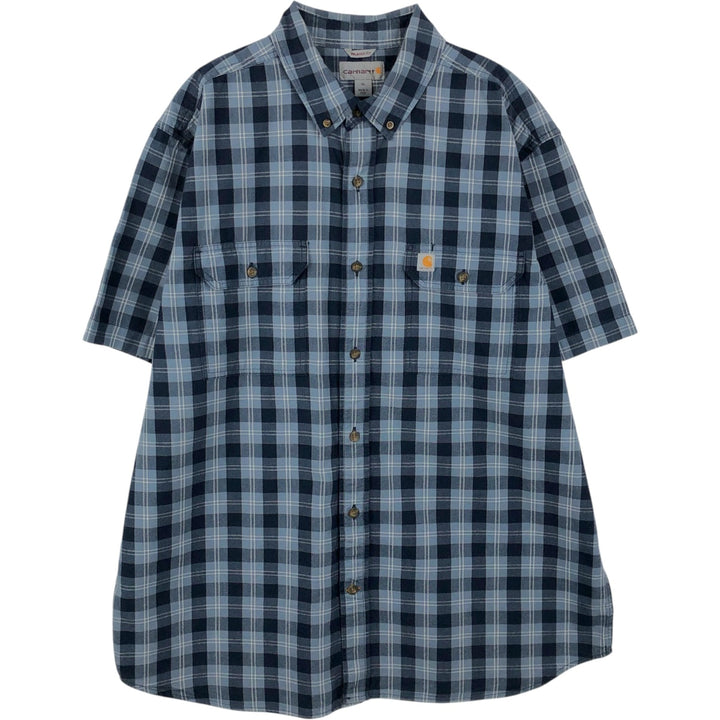 Carhartt RELAXED FIT Check Pattern Button-down Short Sleeve Work Shirt, Men's XL cotton navy blue type Vintage Second Hand