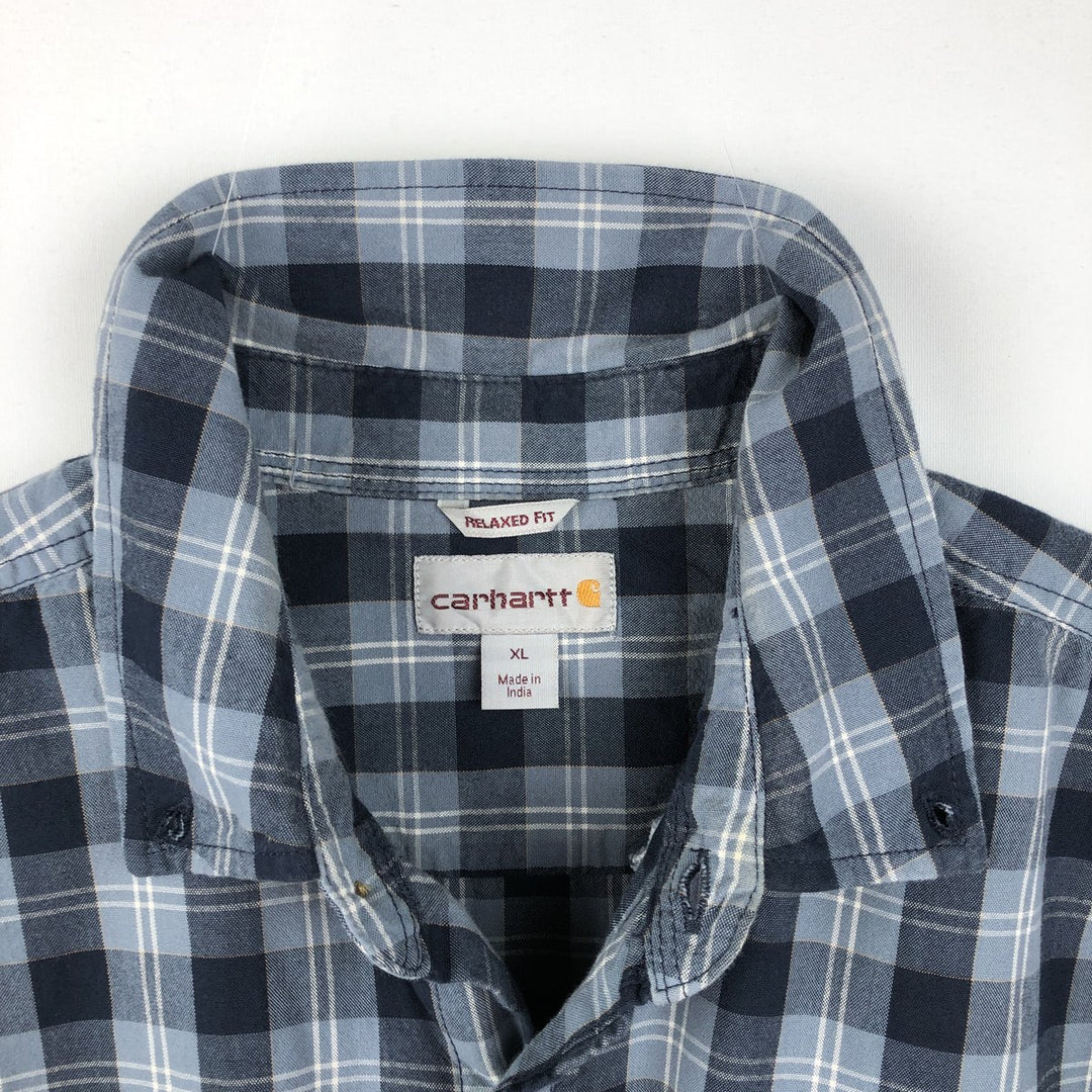 Carhartt RELAXED FIT Check Pattern Button-down Short Sleeve Work Shirt, Men's XL cotton navy blue type Vintage Second Hand