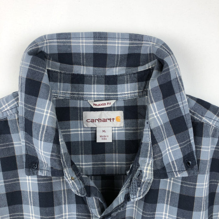 Carhartt RELAXED FIT Check Pattern Button-down Short Sleeve Work Shirt, Men's XL cotton navy blue type Vintage Second Hand