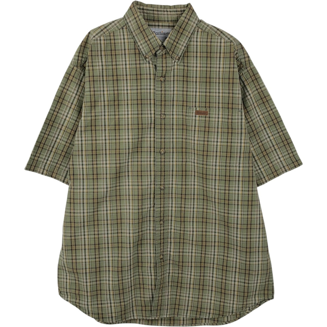 2000'S Carhartt Check Pattern Button-Down Short-Sleeve Work Shirt, Men's Size L (approx.) cotton Khaki type Vintage Second Hand