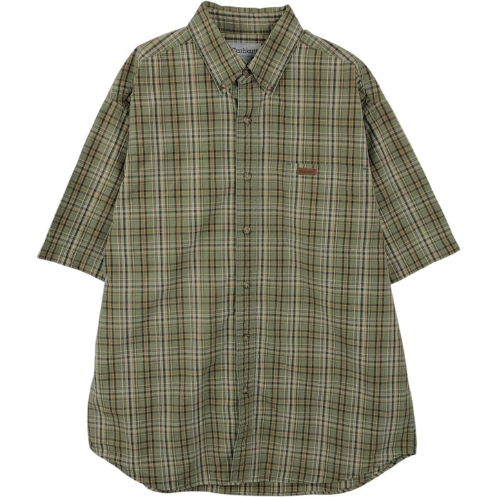 2000'S Carhartt Check Pattern Button-Down Short-Sleeve Work Shirt, Men's Size L (approx.) cotton Khaki type Vintage Second Hand