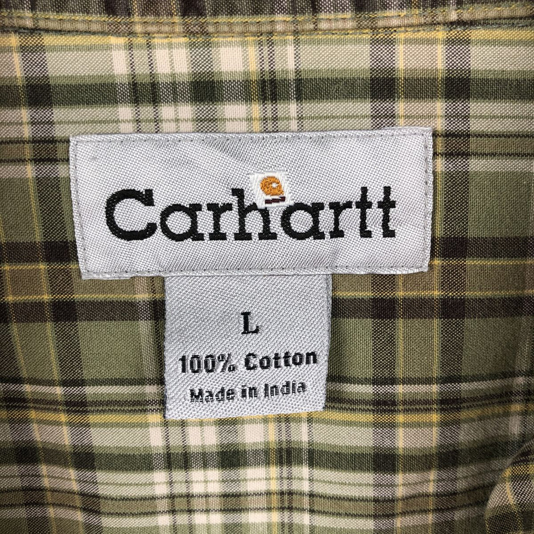 2000'S Carhartt Check Pattern Button-Down Short-Sleeve Work Shirt, Men's Size L (approx.) cotton Khaki type Vintage Second Hand