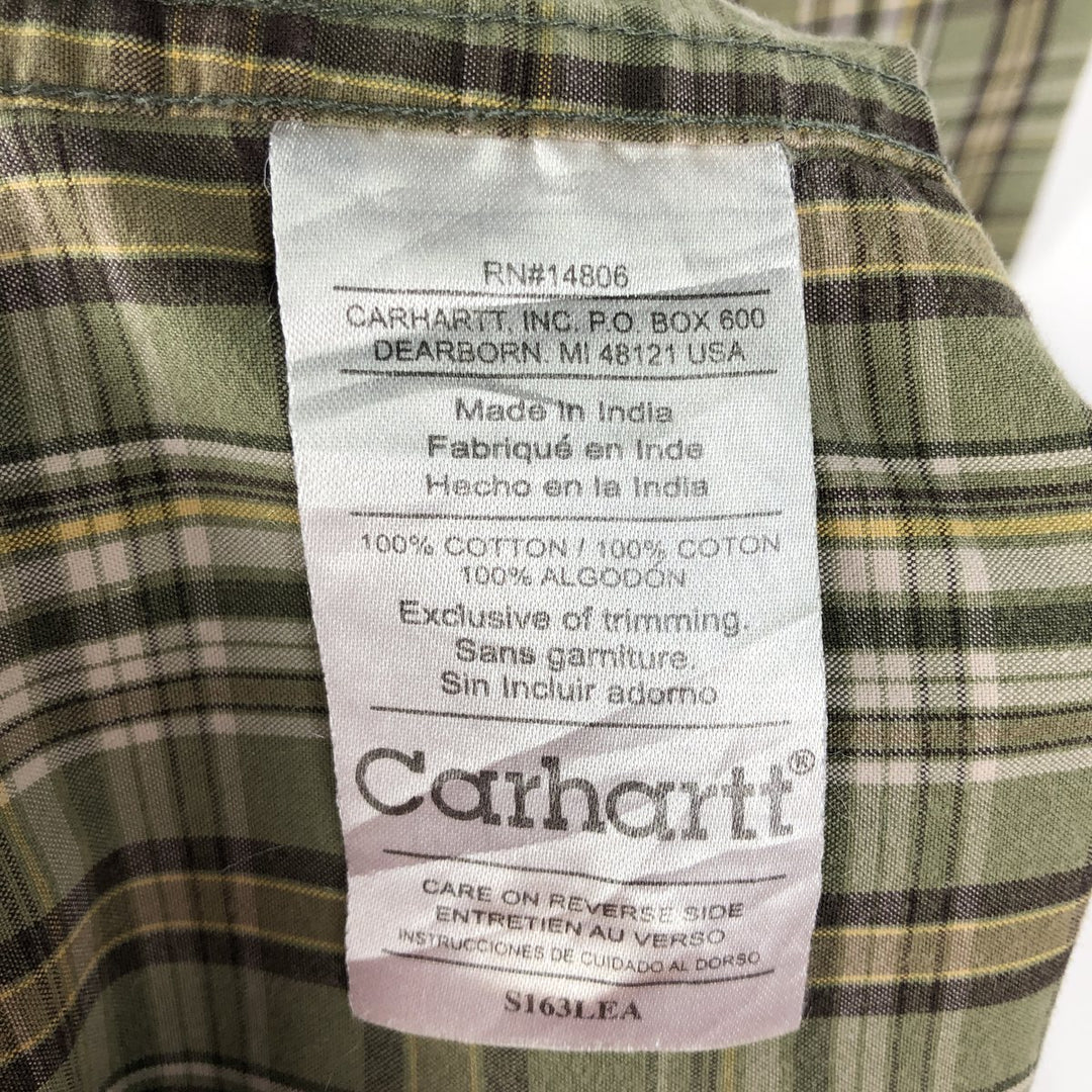 2000'S Carhartt Check Pattern Button-Down Short-Sleeve Work Shirt, Men's Size L (approx.) cotton Khaki type Vintage Second Hand