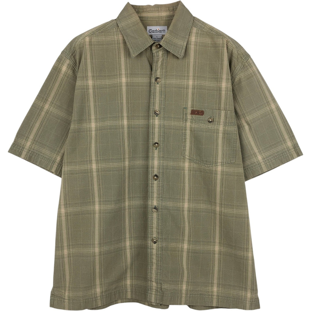 Carhartt Check Pattern Ripstop Short-Sleeve Work Shirt, Boxy Shirt, Men's Size L (approx.) cotton Khaki type sage green Vintage Second Hand