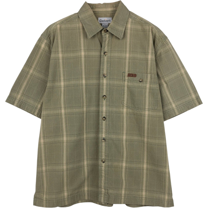 Carhartt Check Pattern Ripstop Short-Sleeve Work Shirt, Boxy Shirt, Men's Size L (approx.) cotton Khaki type sage green Vintage Second Hand