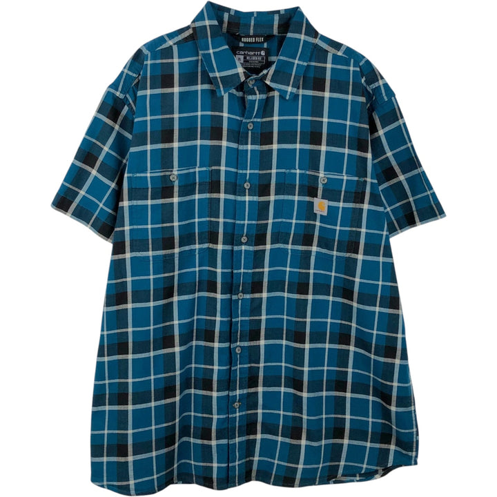 Carhartt Relaxed Fit Rugged Flex Check Pattern Short-Sleeve Work Shirt, Men's Size XL (approx.) cotton Navy blue Vintage Second Hand
