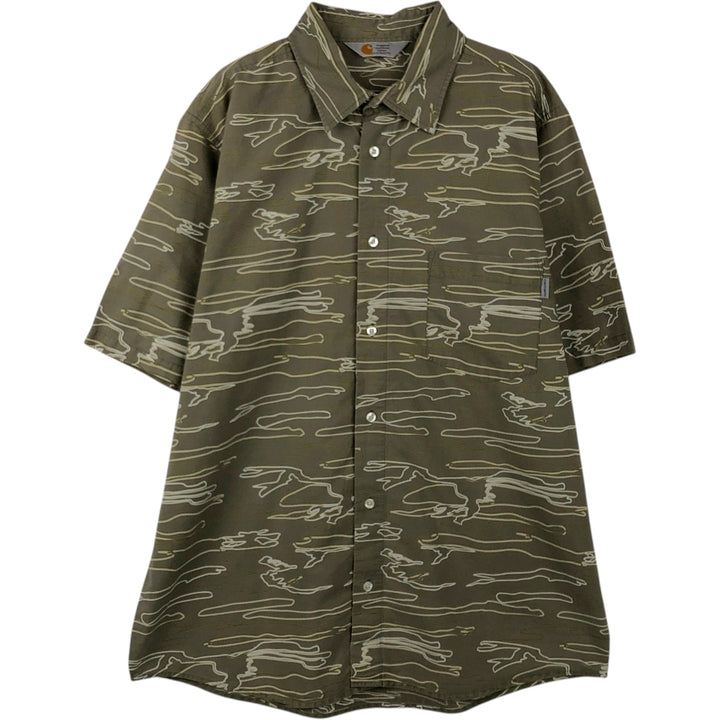 Carhartt RUGGED OUTDOOR WEAR all-over print short-sleeved work shirt, men's size L equivalent. unclear Khaki type Vintage Second Hand
