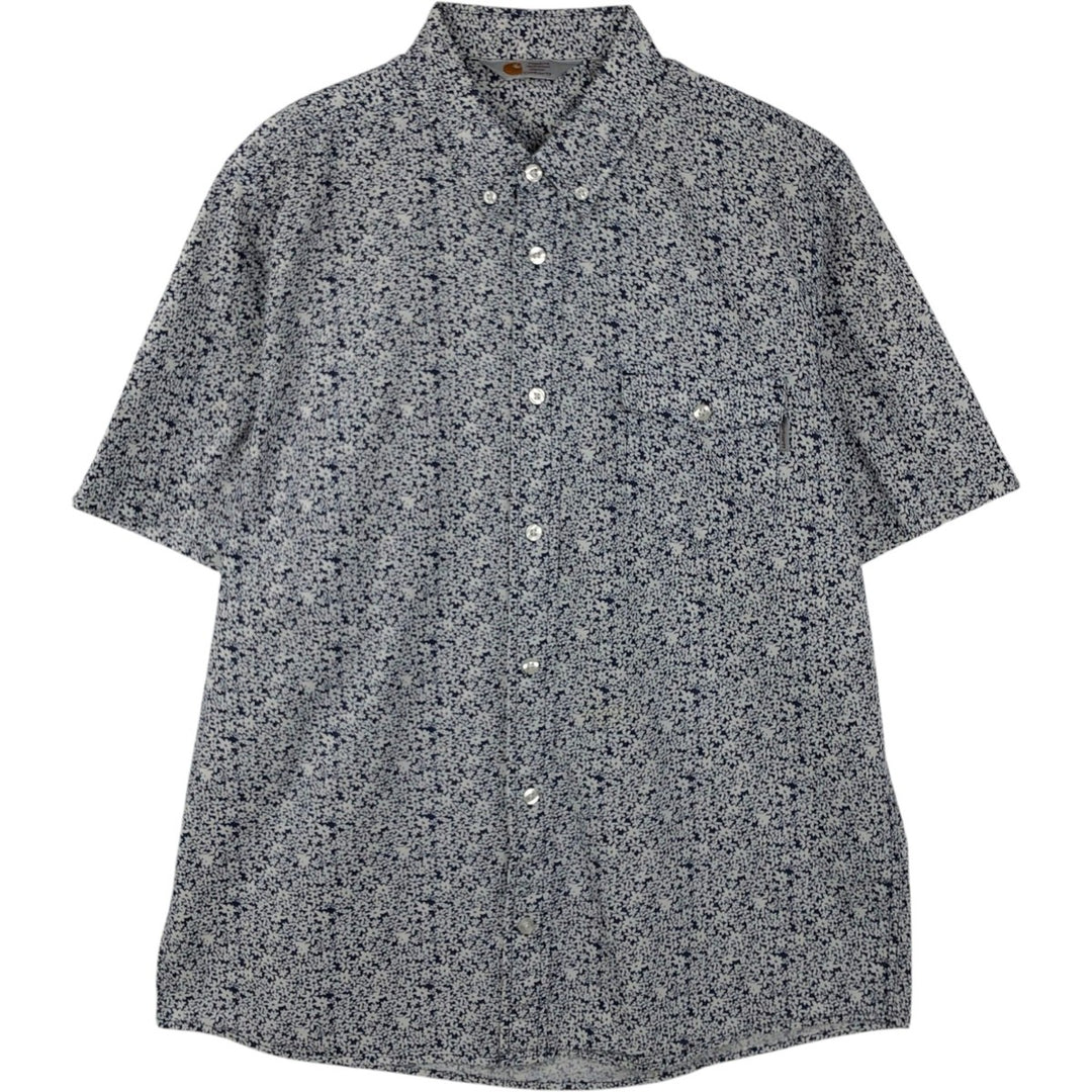 Carhartt RUGGED OUTDOOR WEAR Floral Print Button-Down Short-Sleeve Work Shirt (Men's Size L) cotton navy blue type Vintage Second Hand