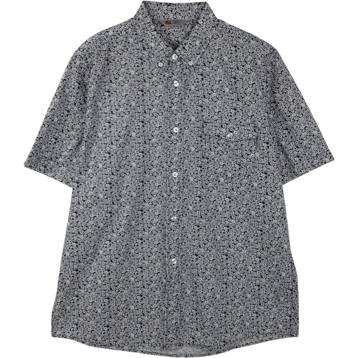 Carhartt RUGGED OUTDOOR WEAR Floral Print Button-Down Short-Sleeve Work Shirt (Men's Size L) cotton navy blue type Vintage Second Hand