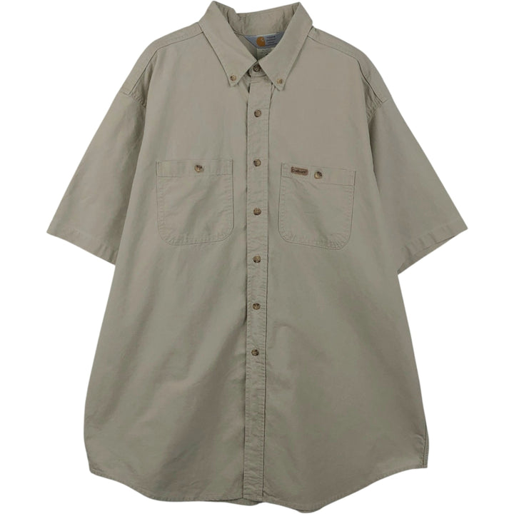 2000'S Carhartt RUGGED OUTDOOR WEAR Button-Down Short-Sleeve Work Shirt, Made in USA, Men's Size XL (approx.) cotton Beige type Vintage Second Hand