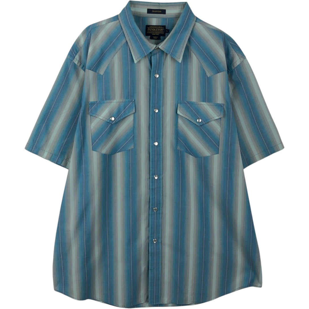 Pendleton Frontier Stripe Pattern Short-Sleeve Western Shirt, Men's Size XL (approx.) unclear Blue type light blue Vintage Second Hand
