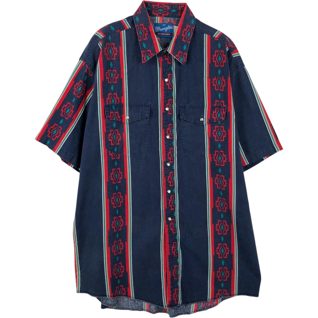 ~90'S Wrangler Native Stripe Short-Sleeve Western Shirt, Men's XL (approx.), Vintage cotton navy blue type Vintage Second Hand