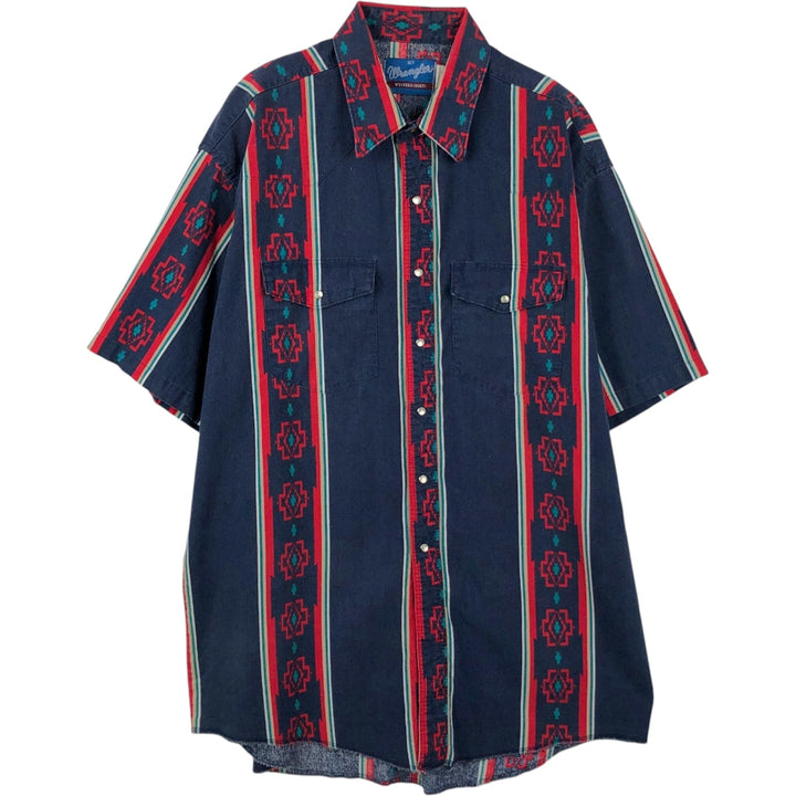 ~90'S Wrangler Native Stripe Short-Sleeve Western Shirt, Men's XL (approx.), Vintage cotton navy blue type Vintage Second Hand