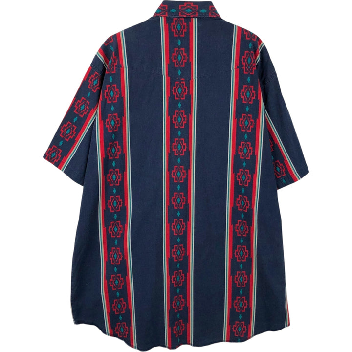~90'S Wrangler Native Stripe Short-Sleeve Western Shirt, Men's XL (approx.), Vintage cotton navy blue type Vintage Second Hand
