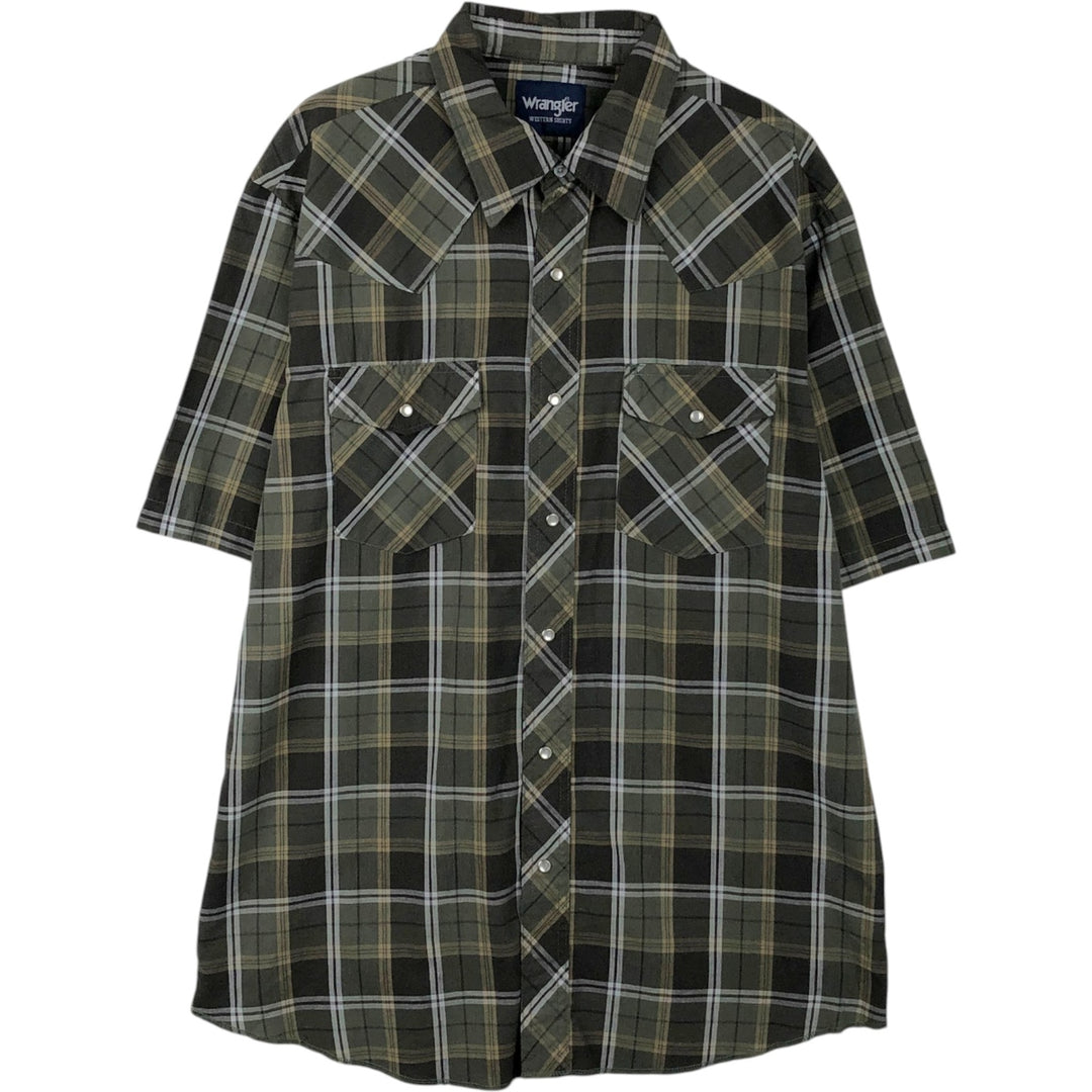 Wrangler Check Pattern Short-Sleeve Western Shirt, Men's Size L (approx.) cotton Khaki type Vintage Second Hand
