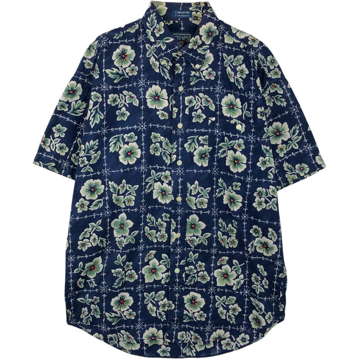 1980'S Ralph Lauren CHAPS Botanical Pattern Button-Down Hawaiian Aloha Shirt, Men's Size M (Equivalent), Vintage cotton navy blue type Vintage Second Hand