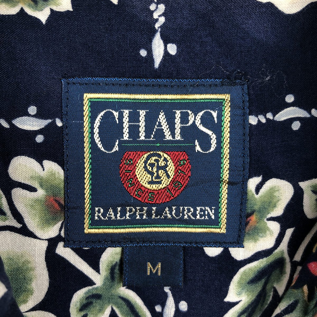 1980'S Ralph Lauren CHAPS Botanical Pattern Button-Down Hawaiian Aloha Shirt, Men's Size M (Equivalent), Vintage cotton navy blue type Vintage Second Hand