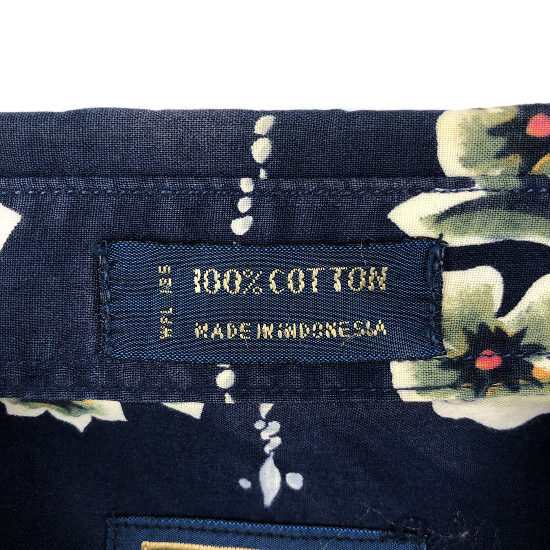 1980'S Ralph Lauren CHAPS Botanical Pattern Button-Down Hawaiian Aloha Shirt, Men's Size M (Equivalent), Vintage cotton navy blue type Vintage Second Hand