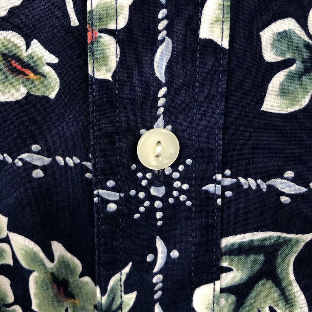 1980'S Ralph Lauren CHAPS Botanical Pattern Button-Down Hawaiian Aloha Shirt, Men's Size M (Equivalent), Vintage cotton navy blue type Vintage Second Hand