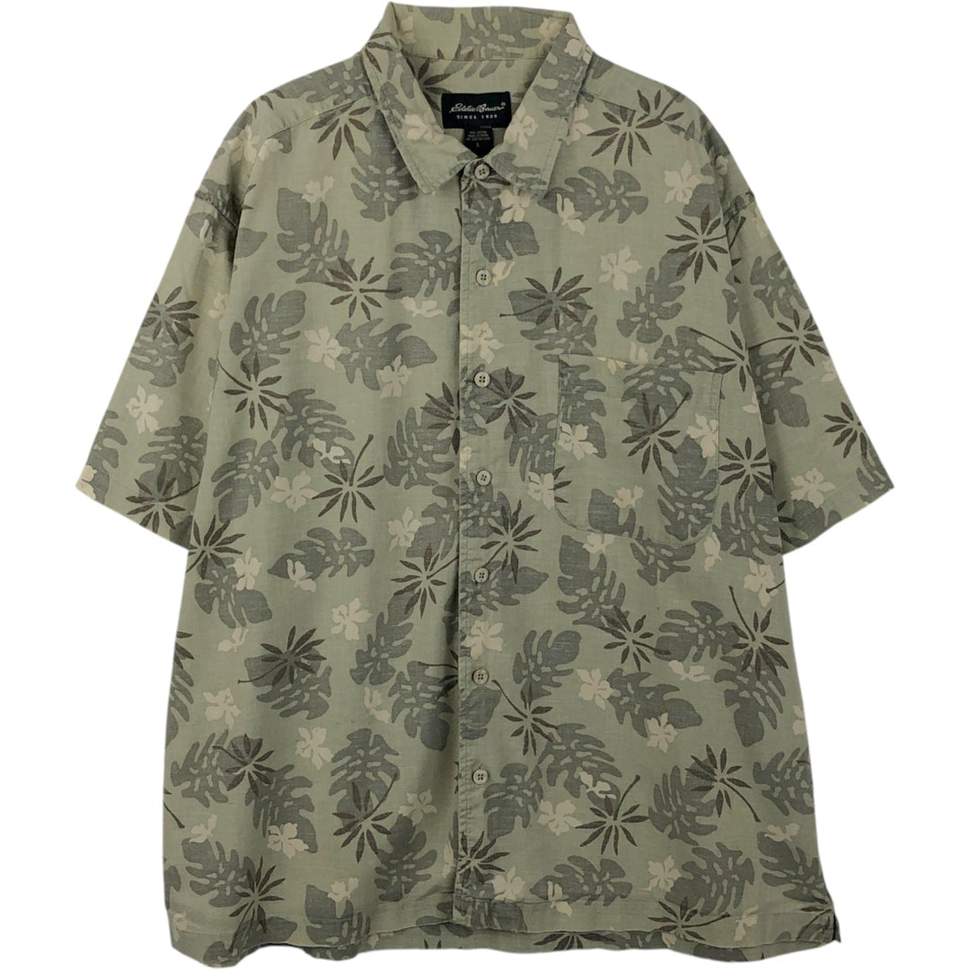 Eddie Bauer Leaf Pattern Hawaiian Aloha Shirt, Box Shirt, Men's Size L (approx.) cotton Khaki type sage green Vintage Second Hand