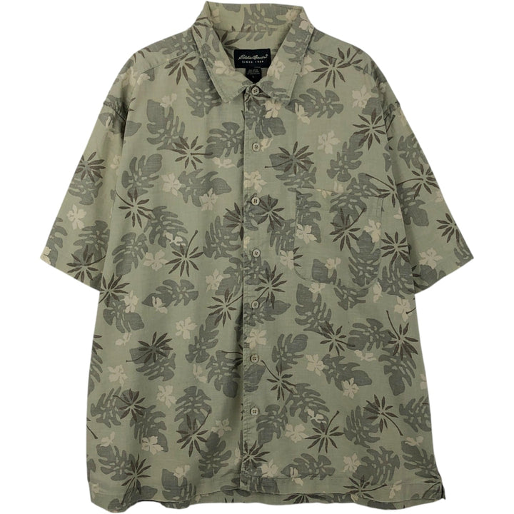 Eddie Bauer Leaf Pattern Hawaiian Aloha Shirt, Box Shirt, Men's Size L (approx.) cotton Khaki type sage green Vintage Second Hand