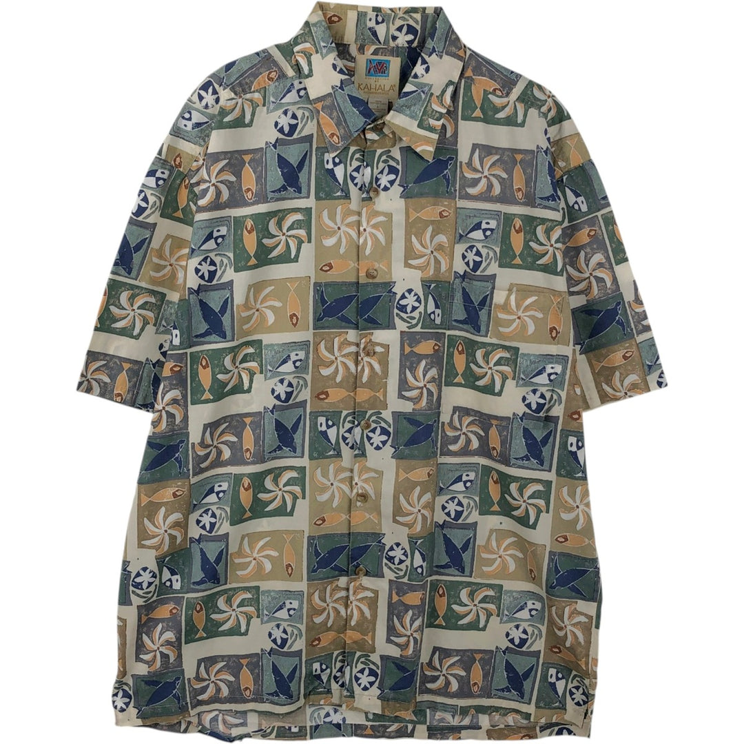 90'S KAHALA AVI Collection All-over fish print Hawaiian Aloha shirt, boxy style, made in Hawaii, men's size L equivalent, vintage. cotton Beige type Vintage Second Hand