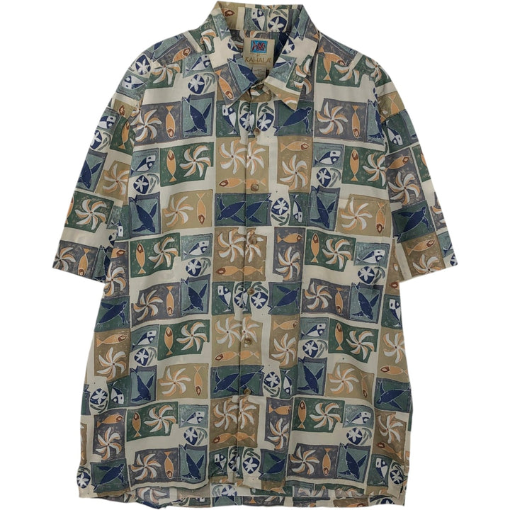 90'S KAHALA AVI Collection All-over fish print Hawaiian Aloha shirt, boxy style, made in Hawaii, men's size L equivalent, vintage. cotton Beige type Vintage Second Hand