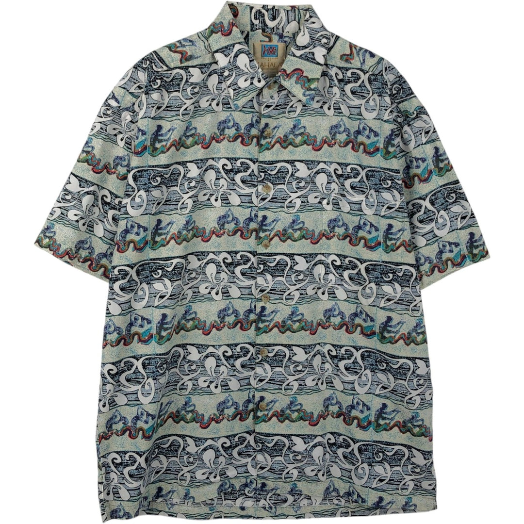 90'S KAHALA AVI Collection All-over Border Pattern Hawaiian Aloha Shirt, Boxy Shirt, Made in Hawaii, Men's Size M (approx.) cotton Blue type light blue Vintage Second Hand