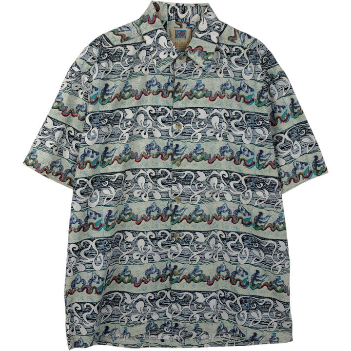 90'S KAHALA AVI Collection All-over Border Pattern Hawaiian Aloha Shirt, Boxy Shirt, Made in Hawaii, Men's Size M (approx.) cotton Blue type light blue Vintage Second Hand
