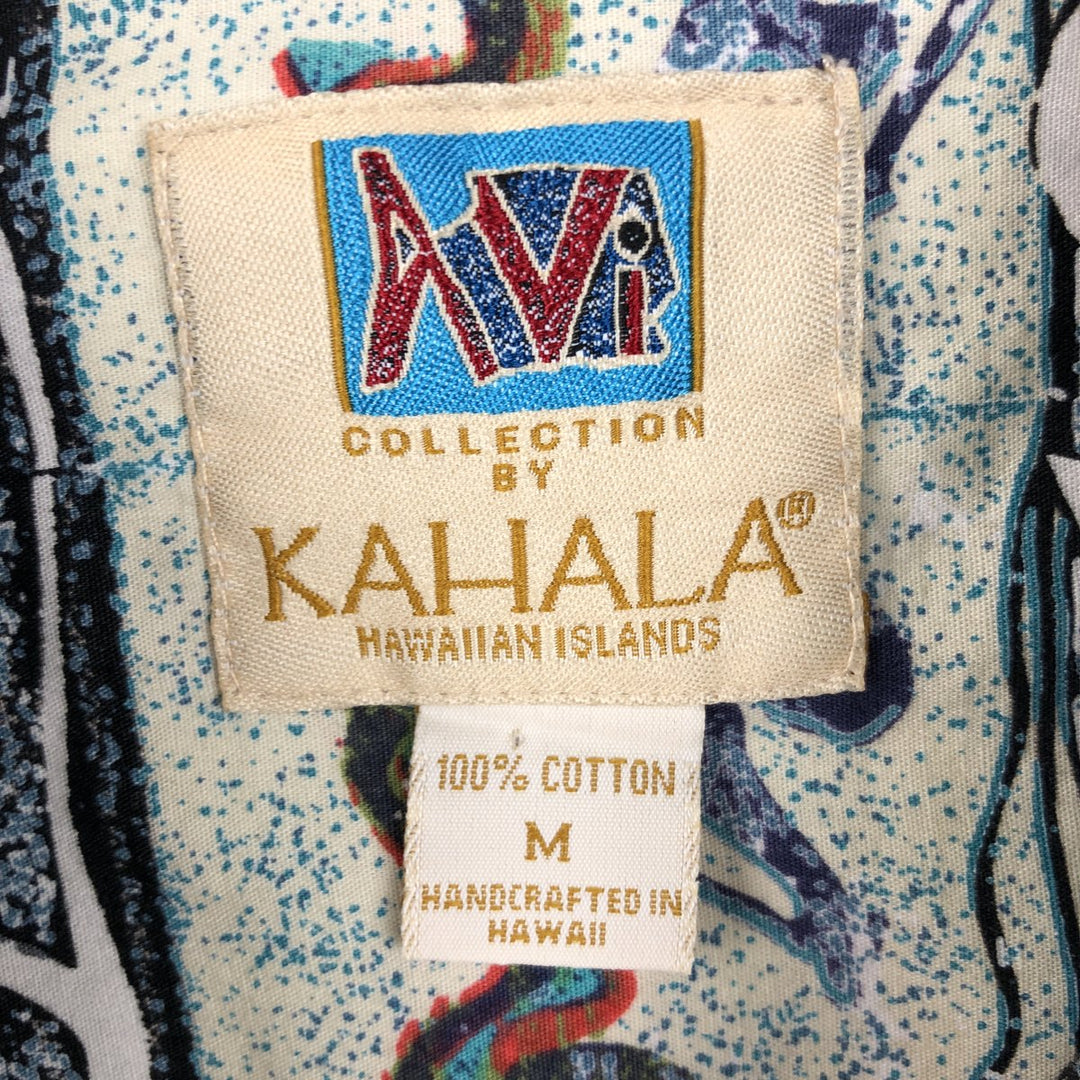 90'S KAHALA AVI Collection All-over Border Pattern Hawaiian Aloha Shirt, Boxy Shirt, Made in Hawaii, Men's Size M (approx.) cotton Blue type light blue Vintage Second Hand