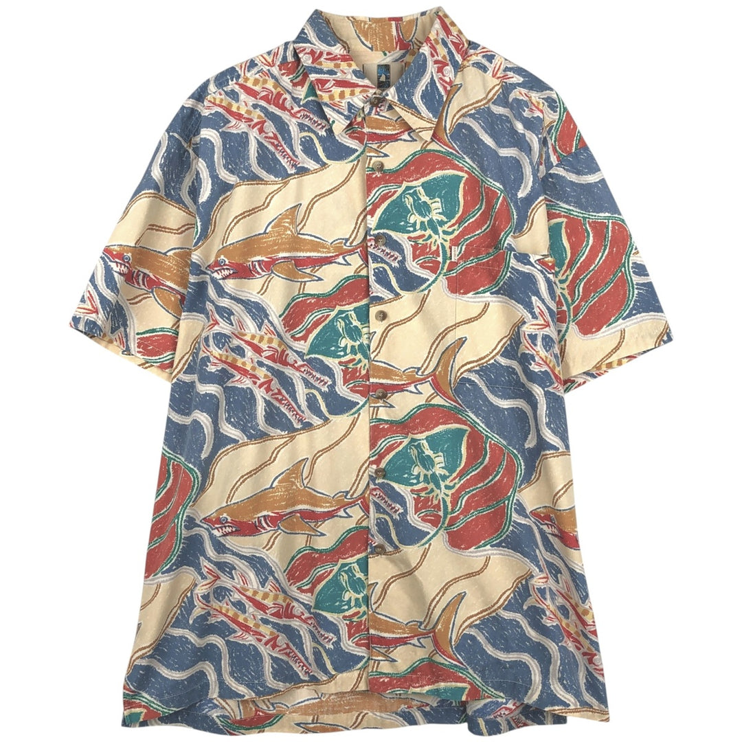KAHALA All-over fish print Hawaiian Aloha shirt, boxy style, made in Hawaii, men's size L equivalent. cotton Beige type Vintage Second Hand