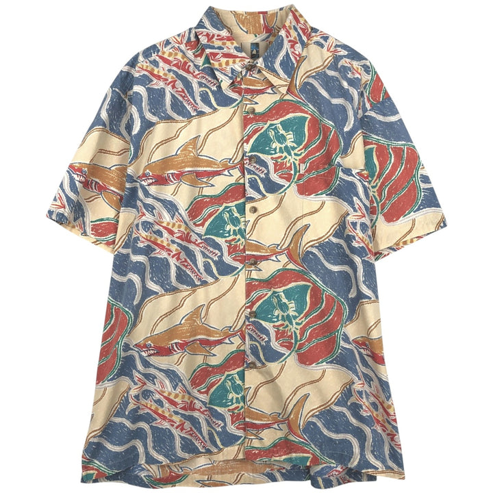 KAHALA All-over fish print Hawaiian Aloha shirt, boxy style, made in Hawaii, men's size L equivalent. cotton Beige type Vintage Second Hand