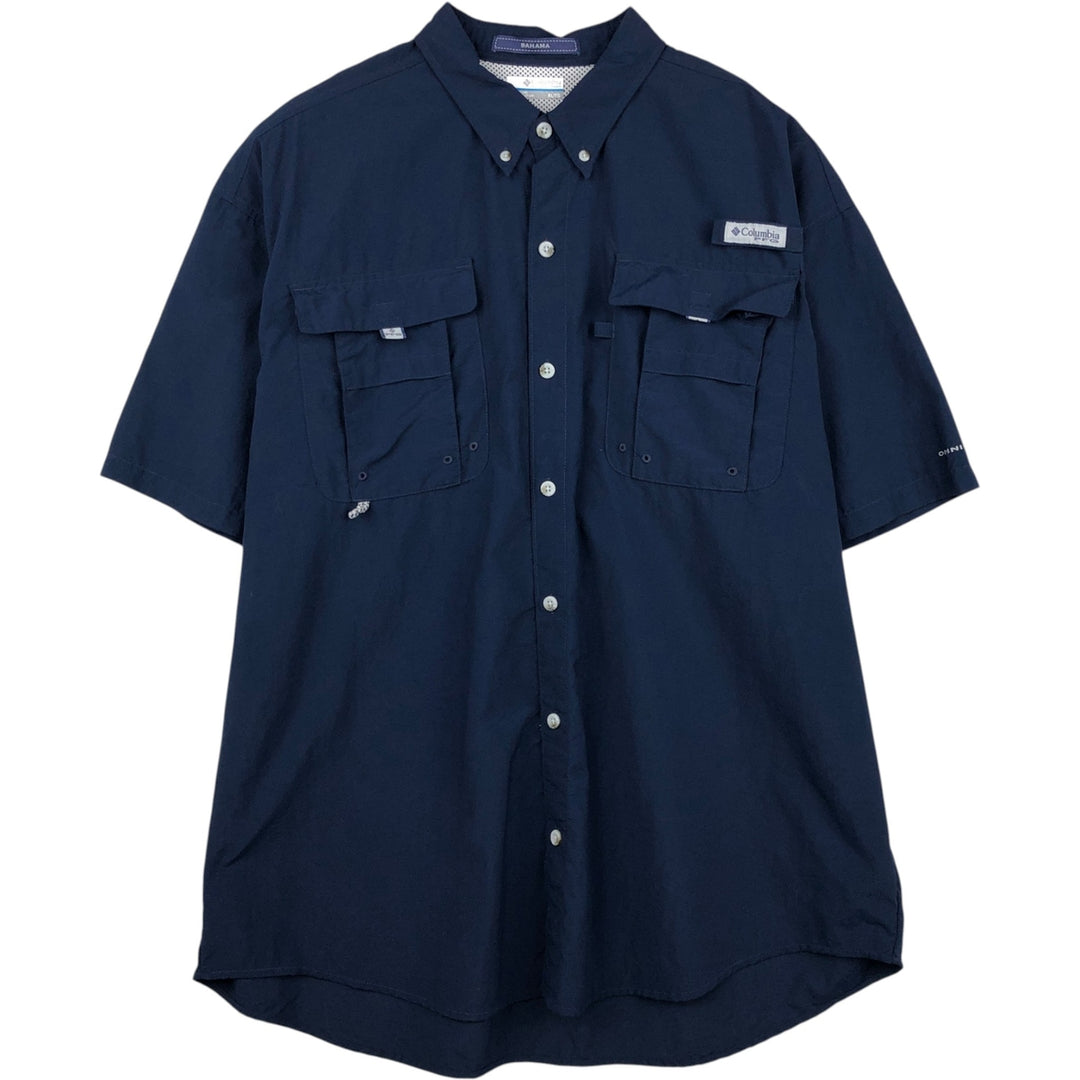 Columbia PFG BAHAMA OMNI-SHADE Omni-Shade Button-Down Short Sleeve Fishing Shirt, Men's XL Nylon navy blue type Vintage Second Hand