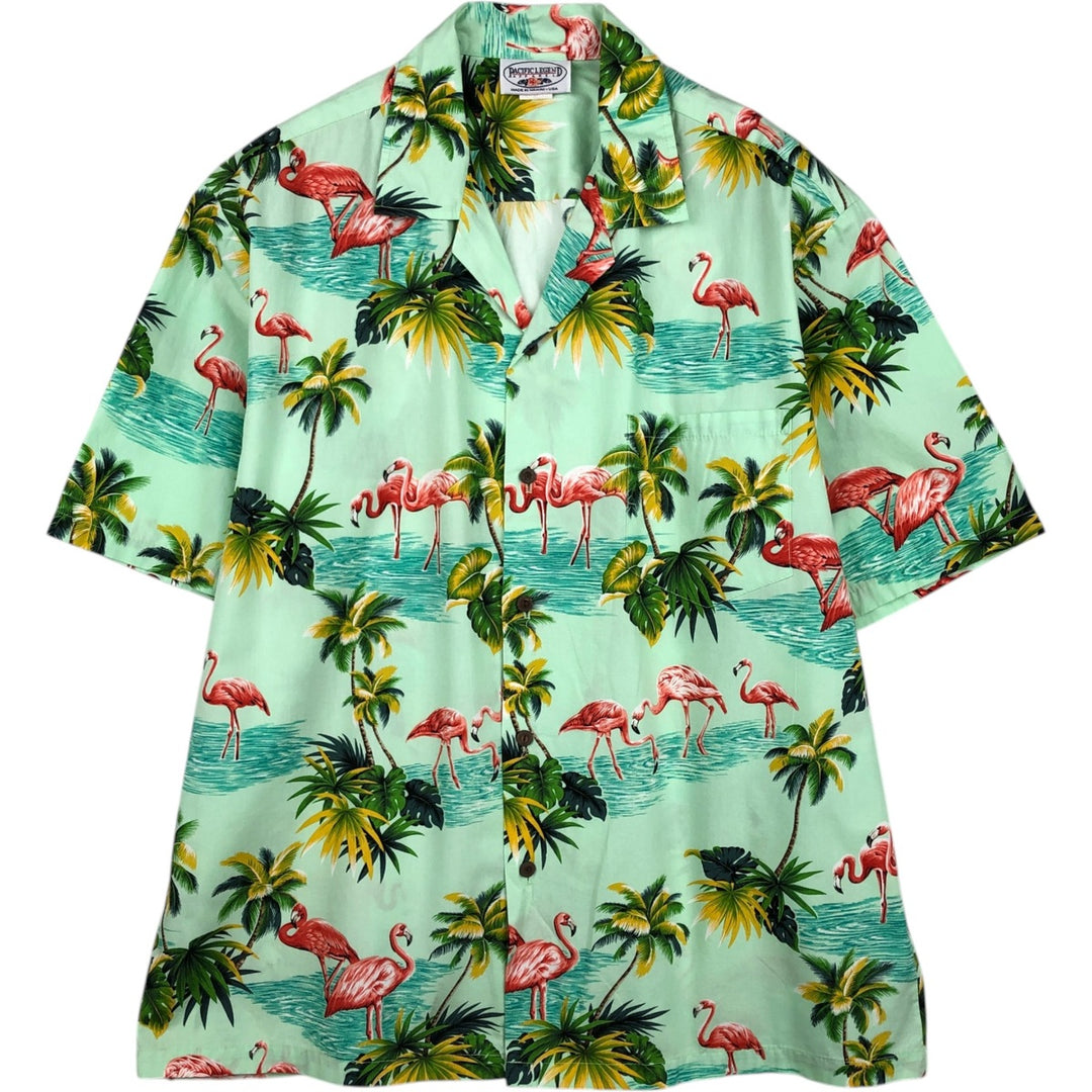 PACIFIC LEGEND Flamingo Pattern Palm Tree Open Collar Hawaiian Aloha Shirt Box Shirt Made in Hawaii Men's XL Equivalent cotton Emerald green Vintage Second Hand