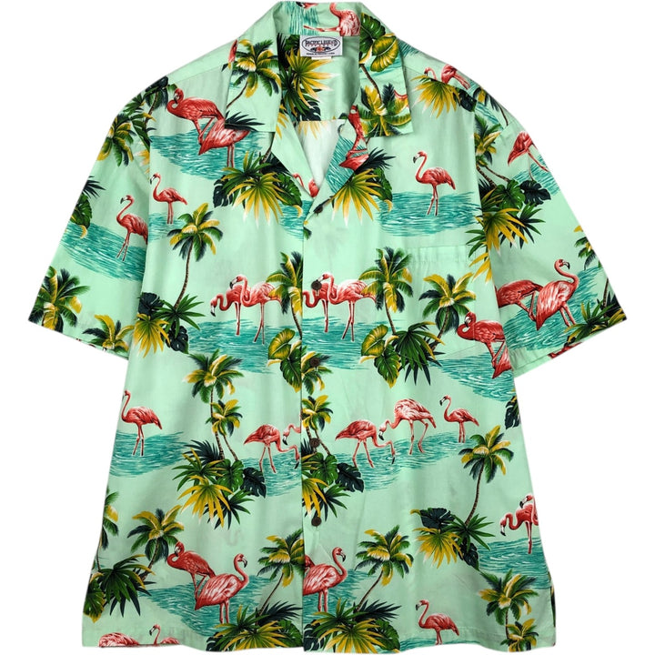 PACIFIC LEGEND Flamingo Pattern Palm Tree Open Collar Hawaiian Aloha Shirt Box Shirt Made in Hawaii Men's XL Equivalent cotton Emerald green Vintage Second Hand