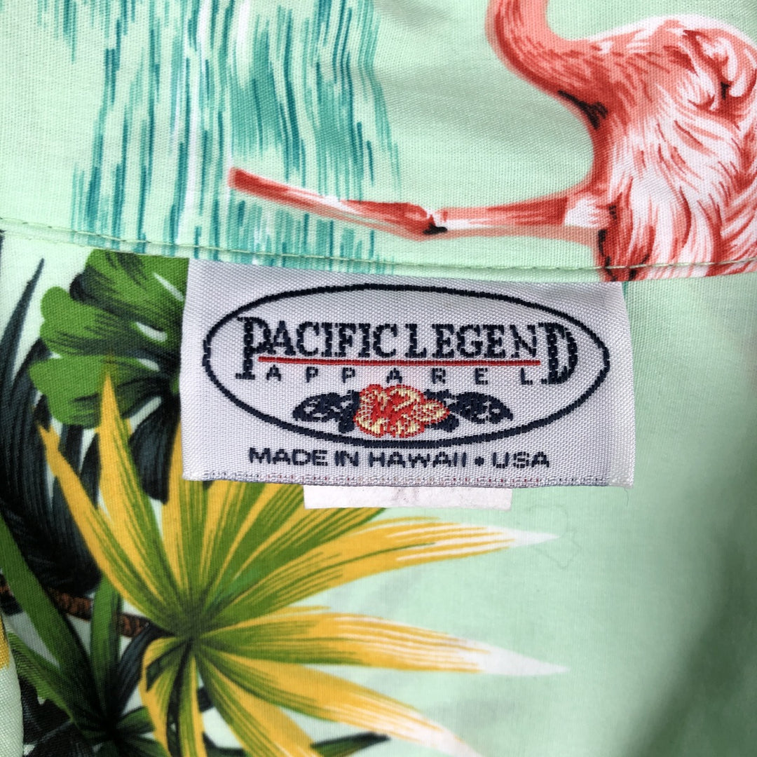 PACIFIC LEGEND Flamingo Pattern Palm Tree Open Collar Hawaiian Aloha Shirt Box Shirt Made in Hawaii Men's XL Equivalent cotton Emerald green Vintage Second Hand