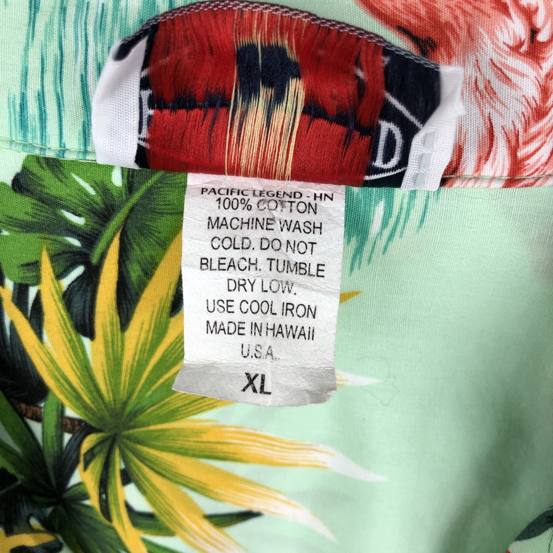 PACIFIC LEGEND Flamingo Pattern Palm Tree Open Collar Hawaiian Aloha Shirt Box Shirt Made in Hawaii Men's XL Equivalent cotton Emerald green Vintage Second Hand
