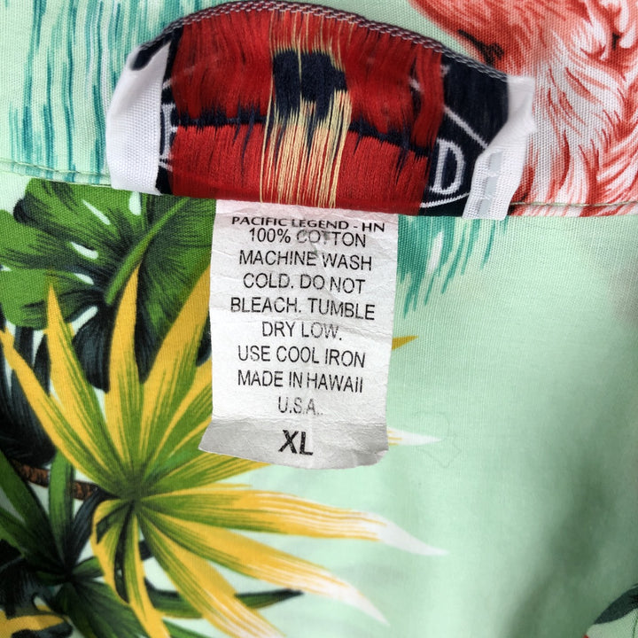 PACIFIC LEGEND Flamingo Pattern Palm Tree Open Collar Hawaiian Aloha Shirt Box Shirt Made in Hawaii Men's XL Equivalent cotton Emerald green Vintage Second Hand